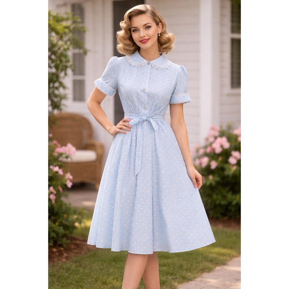 1950s Lady Marilyn House Coat Dress Baby Blue Nylon‎ Deadstock with tag M/L